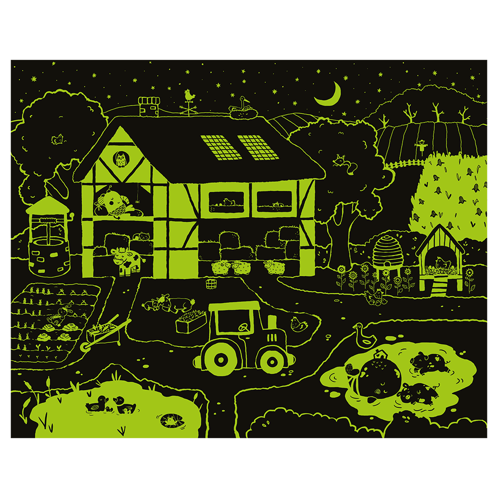 Happy Barn Farm Story Puzzle showing rendered image of the glow in the dark parts of the puzzle